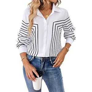 dames topjes Gestreept overhemd met knopen aan de voorkant - Casual overhemd met lange mouwen en overhemdkraag (Color : Black and White, Size : L)