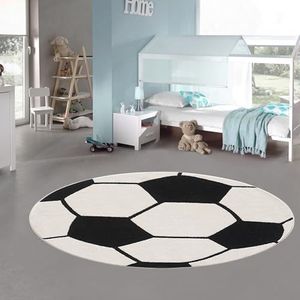 Teppich-Traum Rond vloerkleed voor kinderen, voetbal, 3D-effect, zwart, wit, zacht, voor kinderen, 120 cm, rond