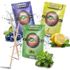 Stoxser 450 x tandenstokers met smaak, verpakking van 3 stuks, bosbessen, citroen, citroen en mint/menthol, smaakrevolutie, tandenstokers, smaak, geen kauwgom, ondersteunt tandpasta, tandzijde,