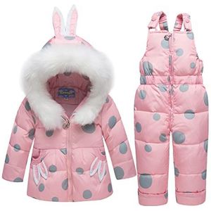 2 stuks sneeuwpak voor meisjes, donsjack met capuchon, mantel + skibroek, skiset voor kinderen van 2-3 jaar, roze