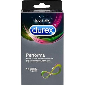 Durex Performa condooms, akteverlengende condooms, met 5% benzoca-inhoudsgel, voor langer langdurig seksspeelplezier, verpakking van 12 stuks