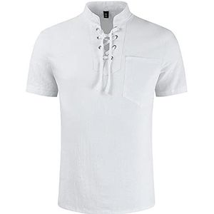 Heren Casual Katoen Linnen Viking Piraat T-shirt Vetershirt, Middeleeuws V-hals Los Ademend Plus Maat Korte Mouw, Mode Trekkoord Kraag Tee Streetwear