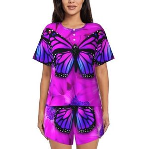 Paarse vlinder en bloem print dames zomer zachte tweedelige bijpassende outfits korte mouw pyjama lounge pyjama sets, Zwart, XXL