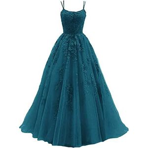 Beyonddress Avondjurk voor dames, kant, applicaties, lange spaghettibandjes, tule, formele jurk voor feestjes, teal, 50