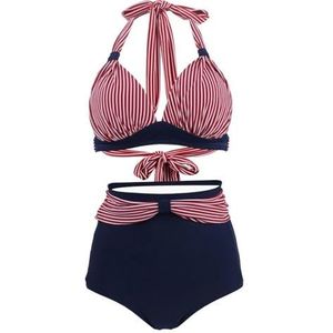 Dames bikiniset vintage bikini set geplooide halter top met hoge taille broekje vrouwen badpak plus size badpak effen / bloemenprint badmode, C-1991-2, XXL