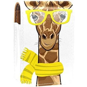 Draagbare Lipstick Case voor op reis, Mini Lipstick Opbergdoos met spiegel voor dames dames, Lederen cosmetische etui Cartoon grappige giraffe met bril sjaal, Meerkleurig, 9.5x2x7 cm/3.7x0.8x2.7 in