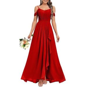 HPPEE Dames V-hals koude schouder bruidsmeisjes jurken met split ruches chiffon formele avondjurk, Rood, 32