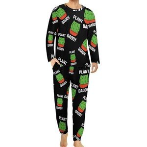 Grappige cactus kat plant papa comfortabele heren pyjama set ronde hals lange mouwen loungewear met zakken M