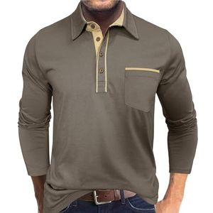 Heren casual poloshirts met lange mouwen, katoenen werkoverhemd, thermisch overhemd met lange mouwen en knoopjes en zak(Military green,3XL)