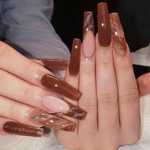 Coffin False Nails French Long Fake Nails Brown Marble Press on Nails Ballerina Acrylic Stick on Nails 24pcs for Women and Girls