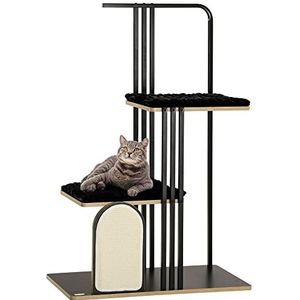 PawHut krabpaal 128 cm, kattenboom met kussen, klimboom met krabplank, krabpaal voor katten met 2 platformen, kattenmeubilair, staal, zwart