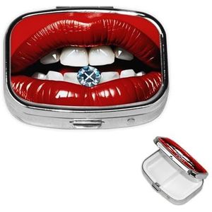 Rode lippen met diamant pillendoos 2 compartimenten vierkante draagbare pillenhoes voor zak of portemonnee pillenhouder wekelijkse pillenorganisator decoratieve metalen geneeskunde vitamine organizer
