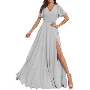 Chiffon bruidsmeisjesjurken voor dames, met split, lange baljurken, cocktailjurken, grote maten, Zilver, 32
