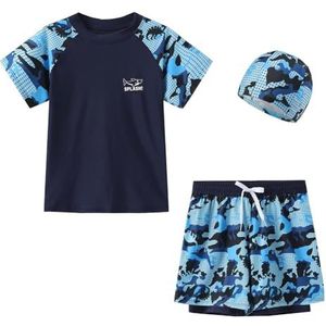 FedMois Kinderen Jongens Zwempak 3-delig Badmode Set Zwemshirt Zwemshorts Badmuts, Blauw, 6 jaar