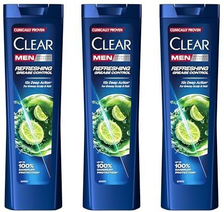 Clear Men Anti-Roos Shampoo voor haar dat snel vet wordt Anti-Grease biedt tot 100% bescherming tegen roos* 3x 225 ml