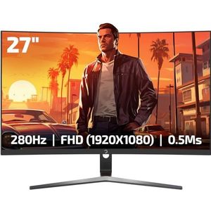 GAMEPOWER V80 27 inch gebogen gamingmonitor, 280 Hz 1080p display, 0,5 ms responstijd, VA-paneel, AMD FreeSync, HDR-ondersteuning, 125% sRGB, RGB-achtergrondverlichting, dubbele luidsprekers, HDMI- en