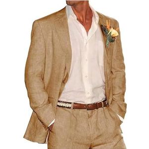 Heren Slim Fit Notch Revers Linnen 3-delig Zakelijk Pak Bruiloft Groomsmen Smoking, Kaki, 52