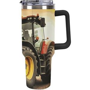 FHESDCW Tractor Thema Grote Capaciteit Auto Cup 40oz RVS Tumbler met Handvat Geïsoleerde Water Fles met Stro En Deksel Gedrukt Mokken Past in Auto Bekerhouder