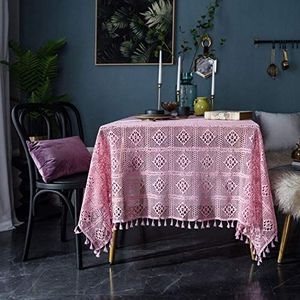 Roze Kanten Tafelkleed, handgemaakt Vintage Gehaakt Macrame Katoen Geweven Holle Tafelkleed Met Kwastjes Voor Keuken Ronde Rechthoekige Tafel Roze 140x250cm (55x98inch)