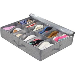 Schoenenopslag onder het bed, organizer met scheidingswanden, schoenenhouder met handgrepen, voor het opbergen van 12 paar (kleur: lichtgrijs)