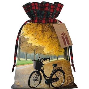 Herfstboom Met Oude Fiets Chique Trekkoord Kerstcadeau Tassen, Patchwork Jute Trekkoord Tassen, Herbruikbaar.