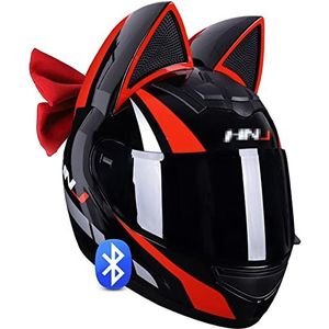 Motorhelmen Voor Dames, ECE-Gecertificeerde Cat Ear Bluetooth-Helm Vier Seizoenenhelmen, Met Vizier En Vlinderdas, Voor Straatraces Motorcross Y,M=54-56cm