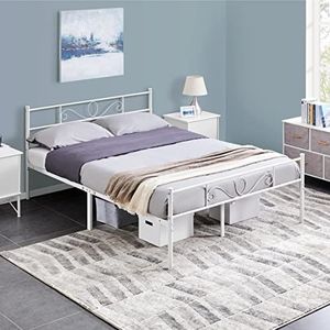 Yaheetech Bedframe metalen bedframe van metaal, tweepersoonsbed voor 140 x 200 cm matras, logeerbed voor kleine ruimtes, wit