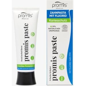 promis paste natuurlijke anti-plaque tandpasta | MET 1450 PPM FLUORIDE | 99% NATURAL | BIO | ECOCERT COSMOS ORGANIC LABEL| VEGAN | duurzame suikerriet tube | gerecycleerde verpakking