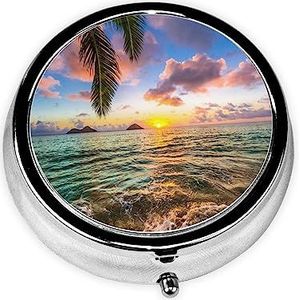 Palmboom Zonsondergang Strand Gedrukt Pil Doos 3 Component Mini Kleine Pil Case Leuke Pil Organizer Draagbare Ronde Pil Container Houder om Vitaminen Medicatie vast te houden