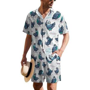Funny Pigeons Hawaiiaanse pak voor heren, set van 2 stuks, strandoutfit, shirt en korte broek, bijpassende set