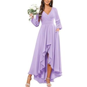 KURFACE Bruidsmeisjesjurken met lange mouwen voor vrouwen met zakken geplooide chiffon formele avondjurk feestjurk, Lila, 32