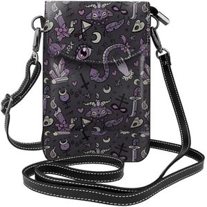 Paars Zwart Goth Spooky Lederen Cross Body Flip Telefoon Tas Met Afneembare Schouderbanden, Gebruikt Voor Reizen, Dating, Vakantie Geschenken, Zwart, Eén maat