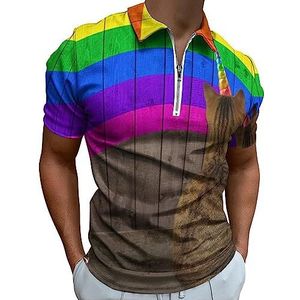 Beige Kat Eenhoorn Tekening Regenboog Polo Shirt Voor Mannen Casual Rits Kraag T-shirts Golf Tops Slim Fit