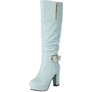 Klassieke Kniehoge Laarzen for Dames PU-leren Laarzen Met Gesp Herfst-winter Hoge Hakken Plateau Enkellaarsjes Met Blokhak Elegante Instapschoenen for Bruiden(Blue,43 EU)