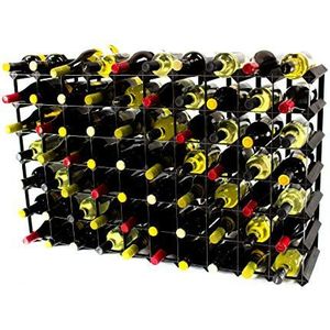 Klassieke 70 flessen zwart gebeitst hout en zwart metaal wijnrek gemonteerd