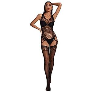 Bommi Fairy Dames prikkelend kanten teddy ondergoed jarretels negligé nachtkleding nachthemd halter sling ondergoed lingerie transparante babydoll met jarretelgordel lingerie, zwart, One size