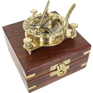 Antik 2000 Functioneel nautisch kompas van messing met zonnewijzer in luxe houten geschenkdoos