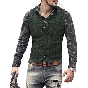 Heren visgraat pak vest slim fit zakelijke tweed Waiscoat geruite wol, Donkergroen, XL