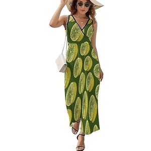 Retro Citroenpatroon Casual Maxi-jurk Voor Vrouwen V-hals Zomerjurk Mouwloze Strandjurk XL