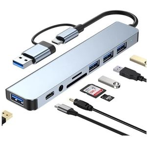 USB C-hub USB Hub 3.0 Aluminium 7-in-2 USB-extender, USB-splitter met 1 X USB 3.0, 4 X USB 2.0 en 2 X USB C-poorten(8 in 2)