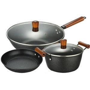 Pannen Set Kookgerei Set 3 Stuks Pannenset Soeppan Met Glazen Deksel Wok Koekenpan Medische Steen Smeedijzeren Non-stick Kookpot Set Keuken Potten en Pannen Set