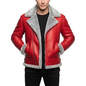 A&M Express Heren kerstjas, echt rood lederen bomberjack voor mannen, handgemaakte RAF A-2 stijl, rode schapenvacht shearling jas heren, L