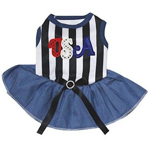 Petitebelle Puppy Kleding Jurk Bling USA Zwart Wit Streep Top Navy Tutu, Large, Blauw