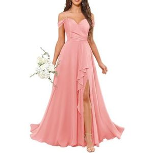 Chiffon bruidsmeisjesjurken voor dames, met split, lange baljurken, cocktailjurken, grote maten, Koraal, 32