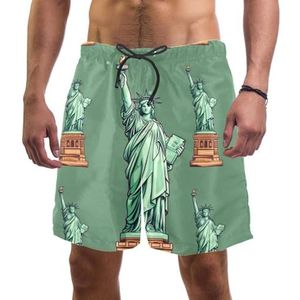 PAFEFO Groen retro Vrijheidsbeeld voor heren, boardshorts, sneldrogend, strand, zwemmen, sportpakken met zakken, Groen Retro Vrijheidsbeeld, M