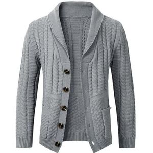 TANGLI Heren klassiek knoop-up Gentleman vest lange mouwen patroon gebreide heren sjaal kraag vest trui slim fit kabel gebreide knoop omhoog katoen.., A-Grijs, XL