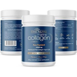 10.000 mg gehydrolyseerd marine-collageen per dosis, 100% GMO-vrij, ondersteunt huid, haren, nagels en gewrichten, 30 dagen voorraad, allergeenvrij
