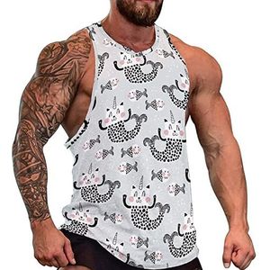 Leuke Eenhoorn Zeemeermin Kat Mens Spier Tank Top Gym Fitness Tank Shirts Volledige Print Mouwloze Tees Vest L