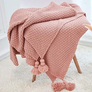 Gebreide deken met kwastjes, handgemaakte gebreide deken, knuffeldeken met kwastjes, knuffeldeken, bankdeken, bankdeken, sprei, voor bank, bed en als deken, 130 x 170 cm, huid-roze