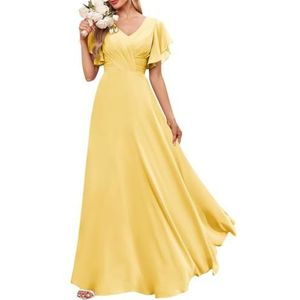 Chiffon bruidsmeisjesjurken voor dames, met split, baljurken, cocktailjurken, grote maten, Geel, 32